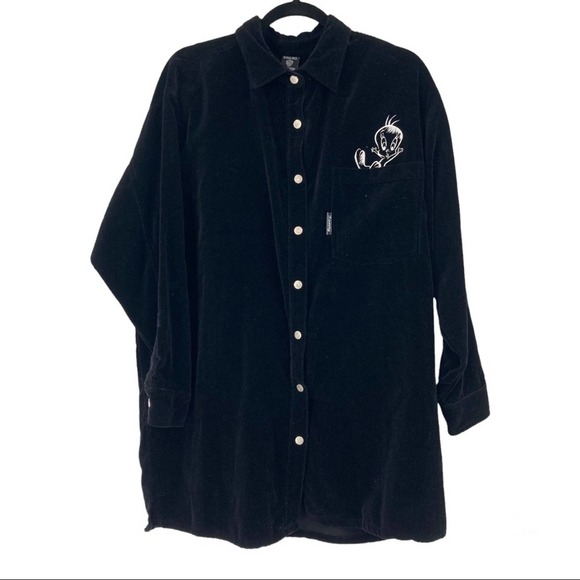 VTG Y2K Warner Bros Tweety Looney Tunes Velvet Black Deadstock Grunge Shacket - Picture 1 of 12